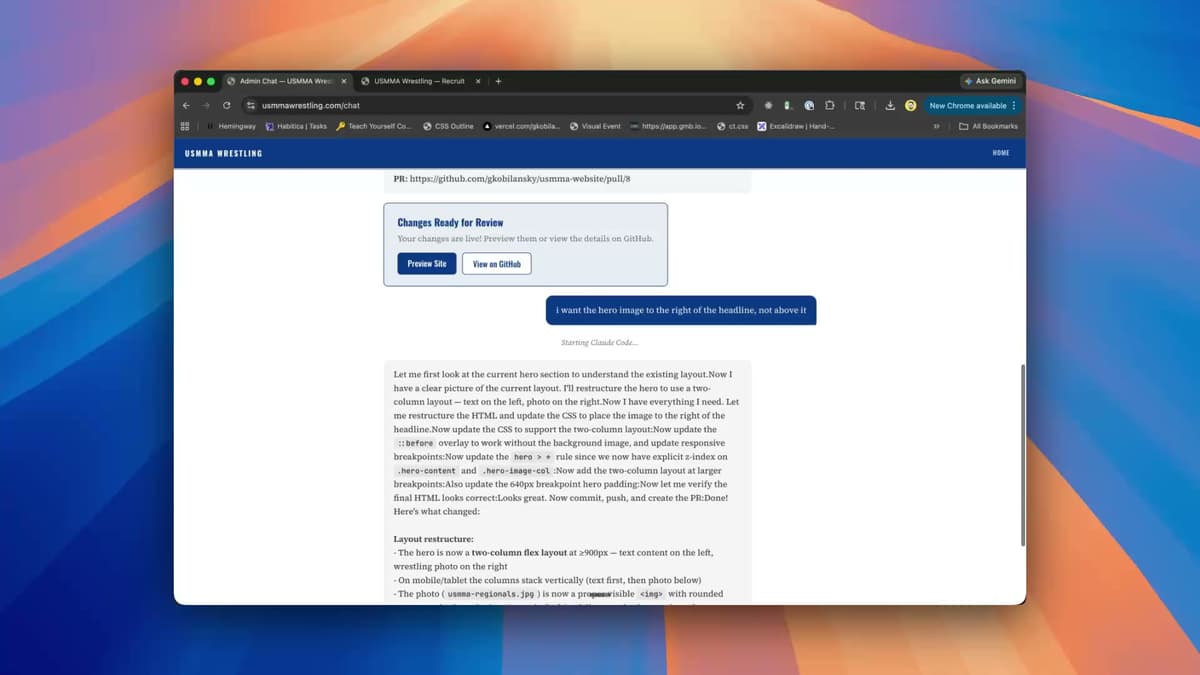 AI site editor showing PR with preview link