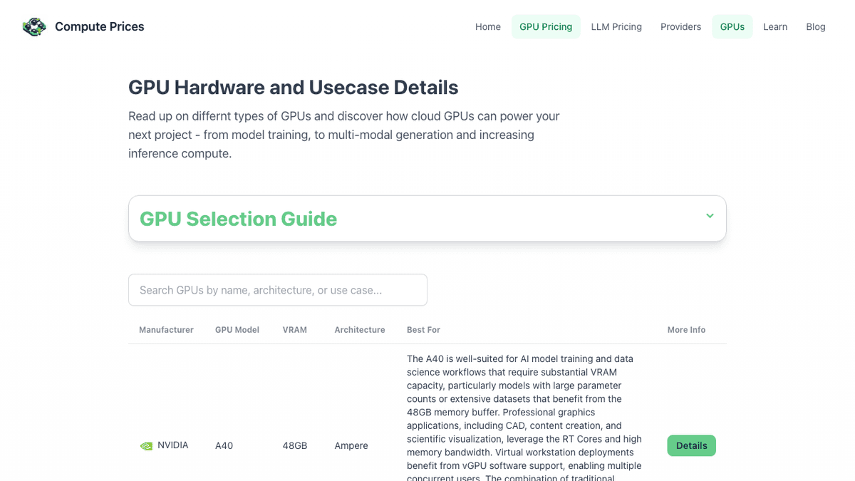 GPU selection and pricing comparison